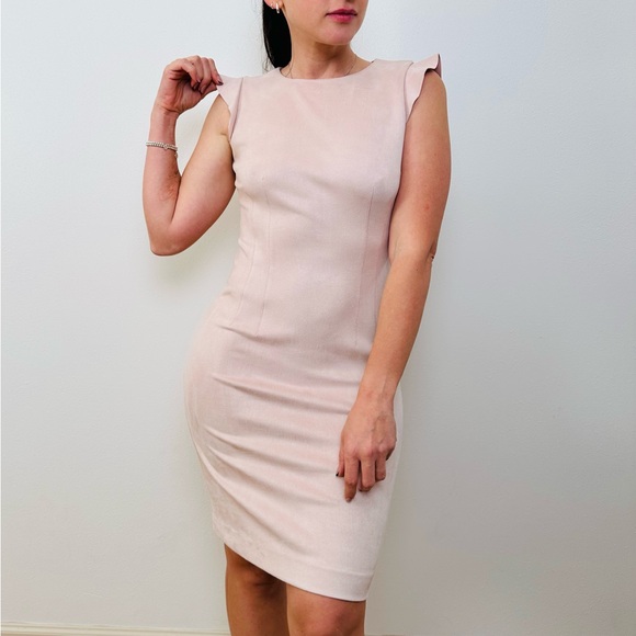 T Tahari Pastel Pink Midi Dress with Flutter Sleeves Faux Suede - Picture 1 of 8